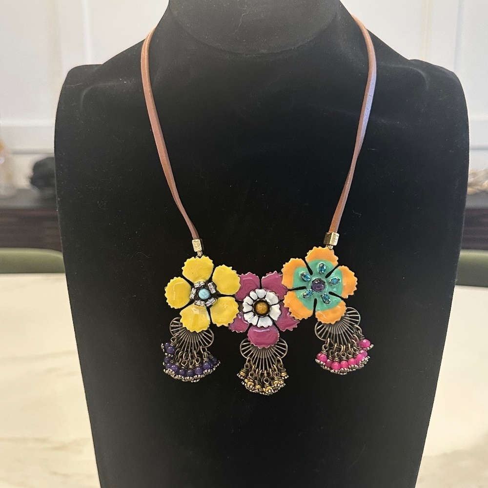 TOVA - Vibrant Boho Floral Enamel Brass Necklace on Brown Leather Cord - 18 in. - Picture 4 of 14